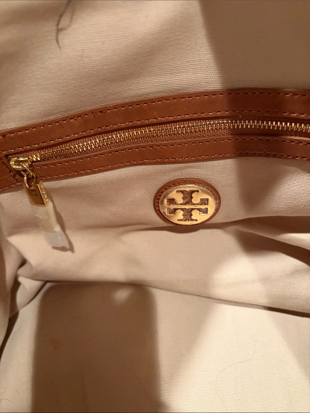 Tory Burch Navy, Orange & White Geometric Canvas Tote with Brown Trim